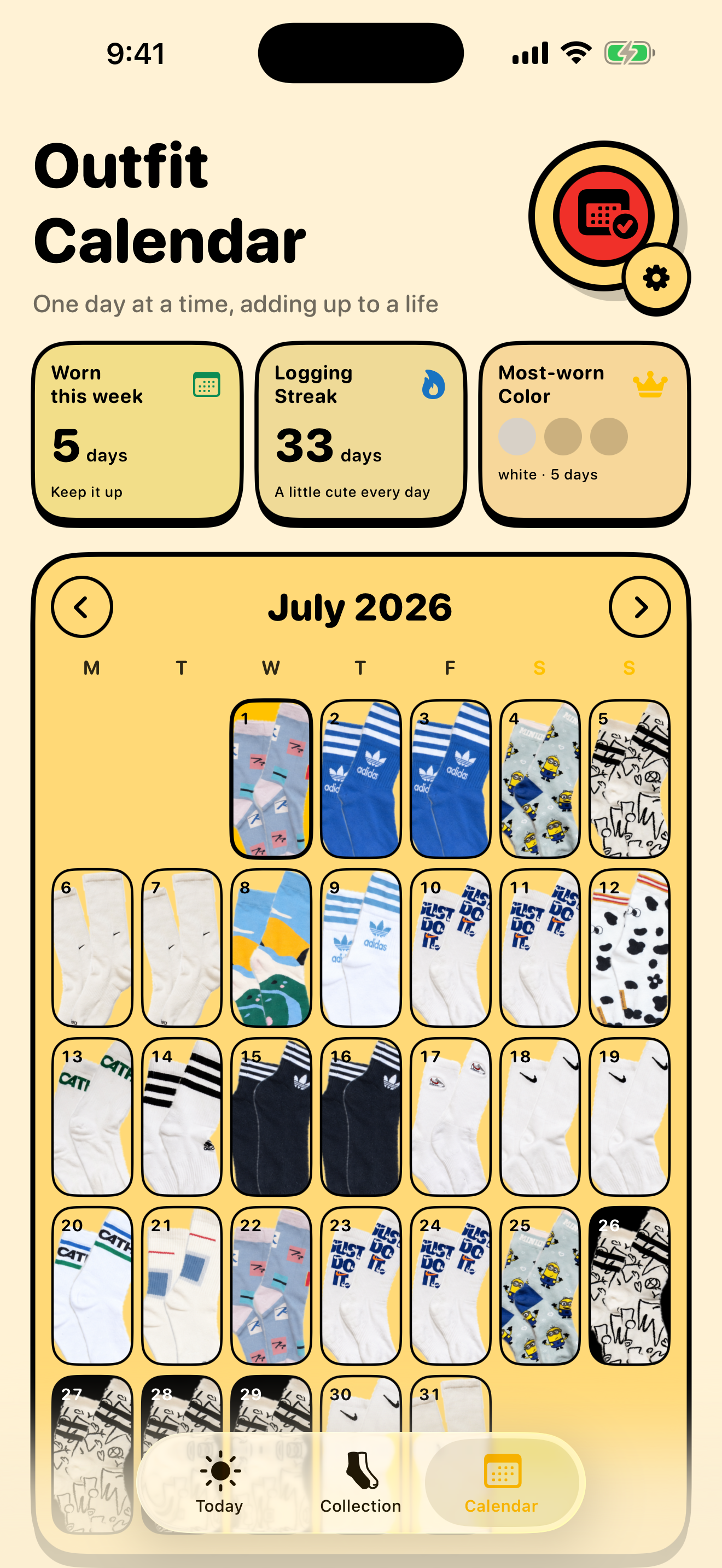 SockDiary outfit calendar showing sock photos across a month