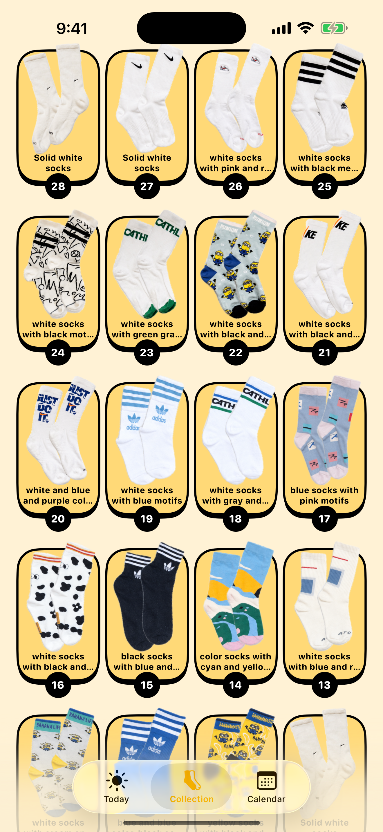 SockDiary Collection screen showing many photographed sock pairs in a visual library