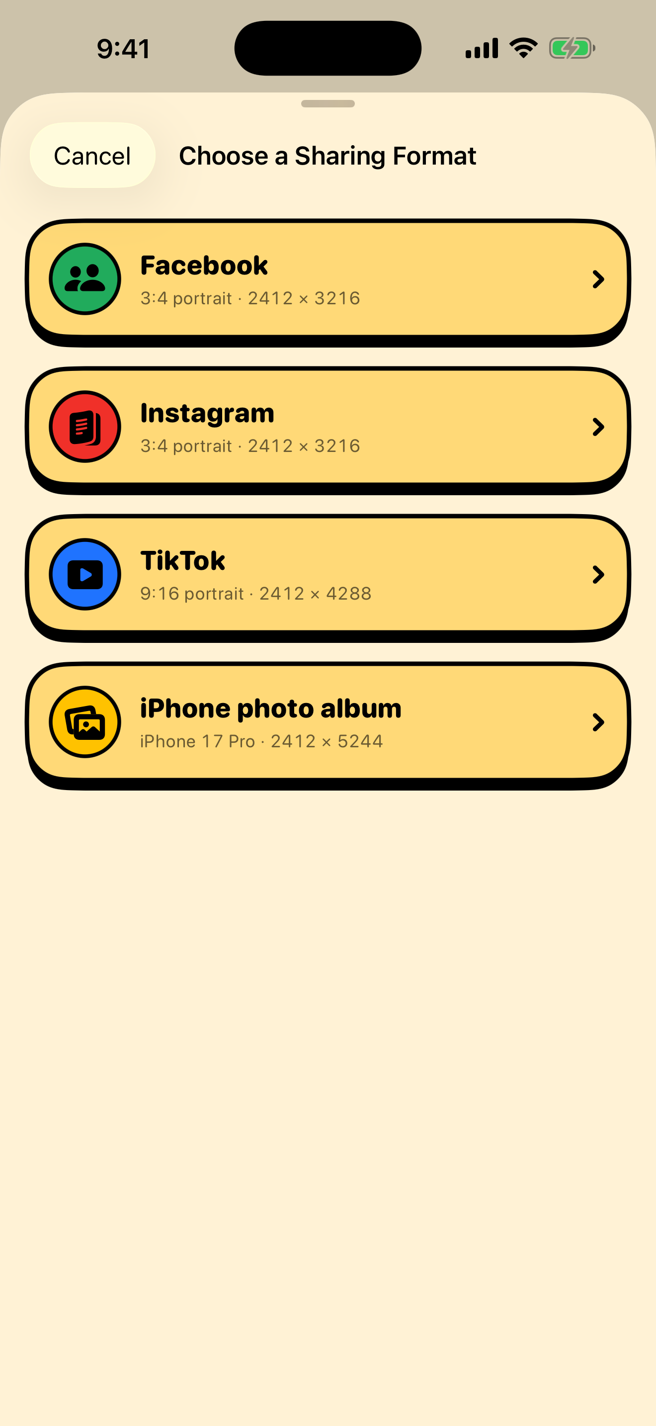 SockDiary sharing screen offering portrait exports for Facebook, Instagram, TikTok, and the iPhone photo album