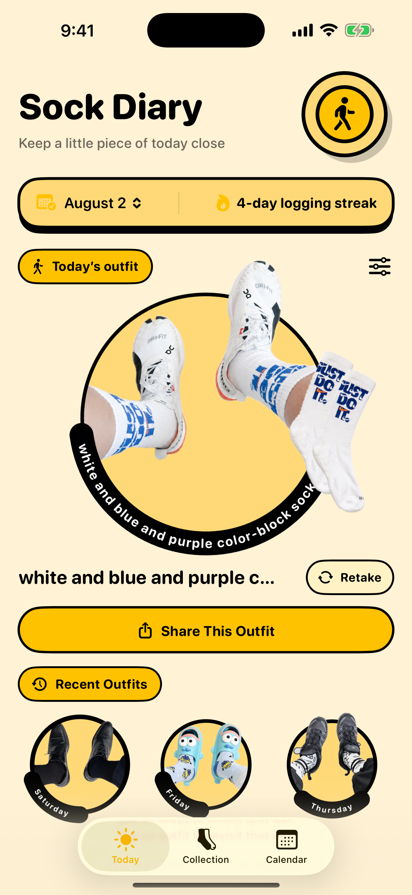 SockDiary Today screen showing a photographed outfit, its linked sock pair, and recent outfits